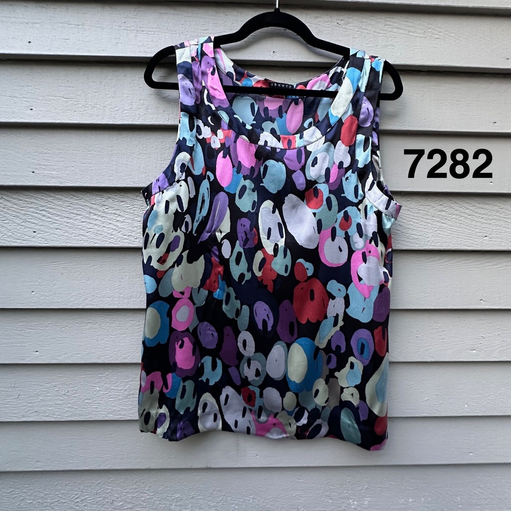 Theory Bomina Multi Color Abstract Bubble Print Silk Blend Tank Top Womens L